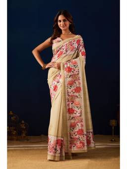 RACHNA - Beige Digital Floral Printed Chiffon Ready To Wear Saree