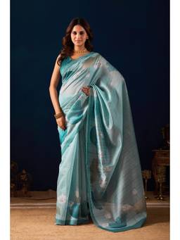 RACHNA - Sky Blue Digital Floral Printed Cotton Silk Ready To Wear Saree