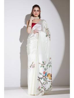 RACHNA - White Satin Floral Printed Ready To Wear Saree