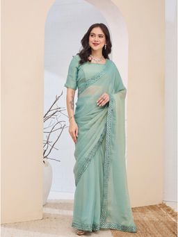 RACHNA - Mint Green Solid Mirror Work Silk Blend Ready To Wear Saree