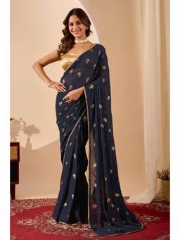 RACHNA - Navy Blue Digital Floral Printed Chiffon Ready To Wear Saree
