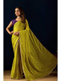 RACHNA - Olive Floral Printed Georgette Ready To Wear Saree