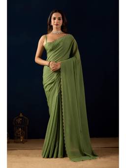 RACHNA - Green Solid Stone Work Satin Ready To Wear Saree