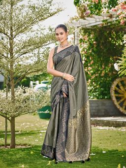 Manohari - Olive Silk Blend Banarasi Jacquard Woven Saree