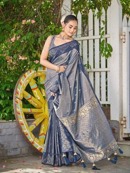 Manohari - Steel Grey Silk Blend Banarasi Jacquard Woven Saree