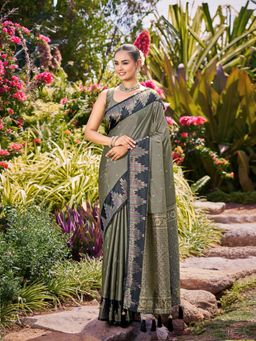 Manohari - Olive Silk Blend Banarasi Jacquard Woven Saree