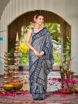 Manohari - Steel Grey Silk Blend Banarasi Jacquard Woven Saree