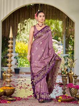 Manohari - Dusty Mauve Silk Blend Banarasi Jacquard Floral Woven Saree