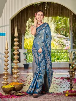 Manohari - Blue Silk Blend Banarasi Jacquard Floral Woven Saree