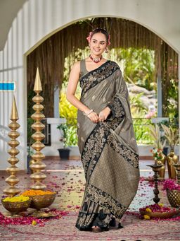 Manohari - Olive Silk Blend Banarasi Jacquard Floral Woven Saree