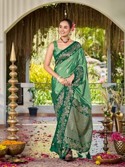 Manohari - Emerald Green Silk Blend Banarasi Jacquard Floral Woven Saree