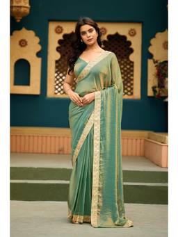 RACHNA - Green Satin Solid Lace Border Ready To Wear Saree