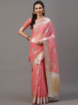 Odette - Pink Festive Silk Blend Woven Design Saree with Unstitched Blouse