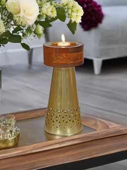At Home by Nilkamal - Tall Tower Votive Candle Stand Metal & Wooden(Brown & Gold)