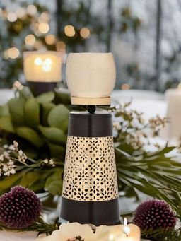 At Home by Nilkamal - Pillar Metal & Glass Candle Stand (Brown & Gold)