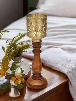 At Home by Nilkamal - Flower Jali Metal & Wooden Candle Stand (Brown, 46 cm)