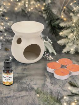 At Home by Nilkamal - Mandarin Mimosa Ceramic Burner Set (Oil Burner, 4 Tealight Candles & Aroma Oil)