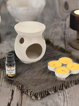 At Home by Nilkamal - Lemon Sorbet Ceramic Burner Set (Oil Burner, 4 Tealight Candles & Aroma Oil)