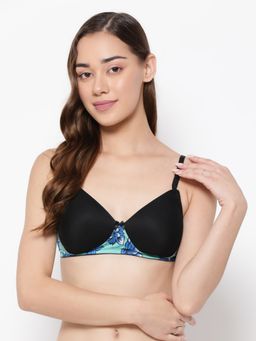 Clovia - Powernet Printed Padded Full Cup Wire Free T-shirt Bra - Black