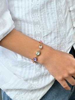ToniQ - Gold-Toned Multicolour Stone Studded Link Chain Bracelet