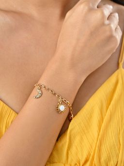 ToniQ - Gold-Toned Sun, Moon and Pearl Drop Charms Bracelet