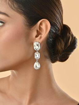 ToniQ - White Stone Studded Party Drop and Dangler Earrings