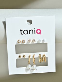 ToniQ - Gold and Pearl Studs and Drop Ear Stackers (Pack Of 6)