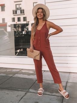 Oh Rare - Women Rust Cotton V-Neck Solid Jumpsuit