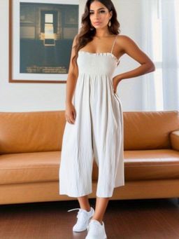 Oh Rare - Women White Polyester Shoulder Straps Solid Jumpsuit