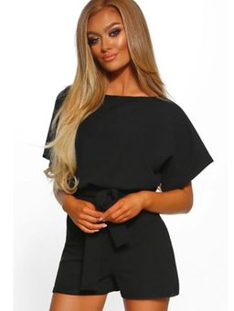 Oh Rare - Women Black Polyester Boat Neck Solid Playsuit with Belt
