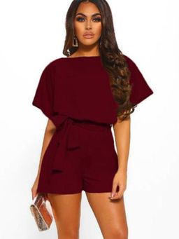 Oh Rare - Women Maroon Polyester Boat Neck Solid Playsuit with Belt
