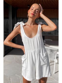 Oh Rare - Women White Polyester Round Neck Solid Playsuit