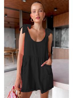 Oh Rare - Women Black Polyester Round Neck Solid Jumpsuit