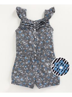 KiddoPanti - Black Girls Stripe Floral Printed Ruffle Yoke Short Jumpsuit