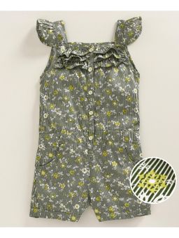 KiddoPanti - Green Girls Stripe Floral Printed Ruffle Yoke Short Jumpsuit