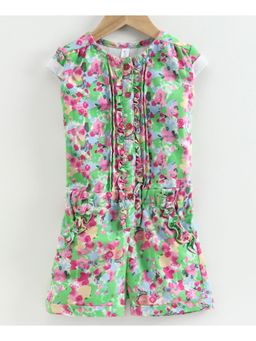 KiddoPanti - Multi-Color Girls Floral Printed Ruffle Placket Short Jumpsuit