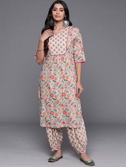 Libas - Beige Cotton All-Over Printed Yoke Design Printed Kurta And Salwar (Set of 2)