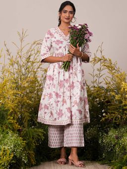 Libas - Off White Cotton Printed Kurta And Palazzo (Set of 2)
