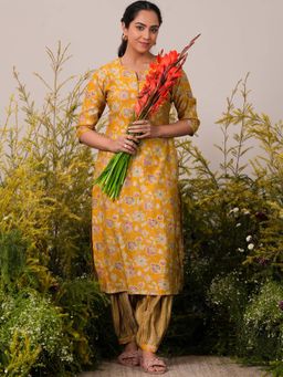 Libas - Mustard Floral Printed Silk Blend Kurta with Ethnic Motif Salwar (Set of 2)