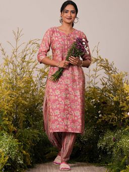Libas - Pink Floral Printed Silk Blend Kurta with Ethnic Motif Salwar (Set of 2)