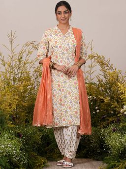 Libas - Off White Floral Printed Cotton Kurta with Salwar and Dupatta (Set of 3)