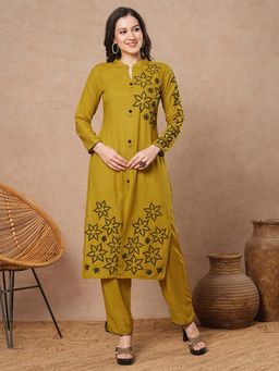 FASHOR - Floral Embroidered Straight Fit Kurta With Pant - Mustard (Set of 2)