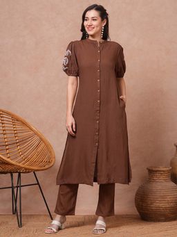 FASHOR - Pin Tucked Floral Embroidered A-Line Co-Ord - Brown (Set of 2)
