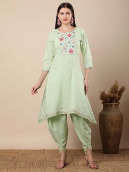 FASHOR - Floral Resham Embroidered Kurta With Dhoti Pant - Light Green (Set of 2)