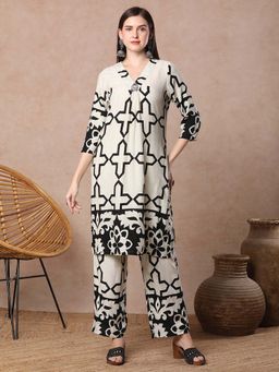 FASHOR - Ethnic Printed A-Line Pleated Co-Ord - Off White (Set of 2)