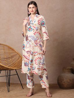 FASHOR - Floral Printed Straight Fit Co-Ord - Off White (Set of 2)