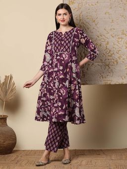 FASHOR - Ethnic Floral Printed And Embroidered A-Line Panelled Kurta With Pant - Wine (Set of 2)