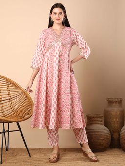 FASHOR - Ethnic Floral Printed And Adorned Flared Kurta With Pant - Off White (Set of 2)