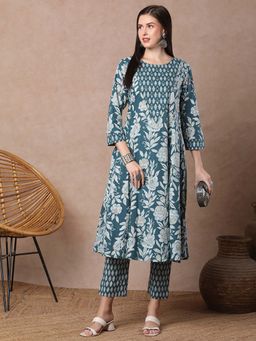 FASHOR - Ethnic Floral Printed And Embroidered Flared Kurta With Pant - Blue (Set of 2)