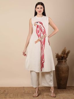 FASHOR - Parrot Threadwork Embroidered A-Line Kurta & Palazzo - Off White (Set of 2)